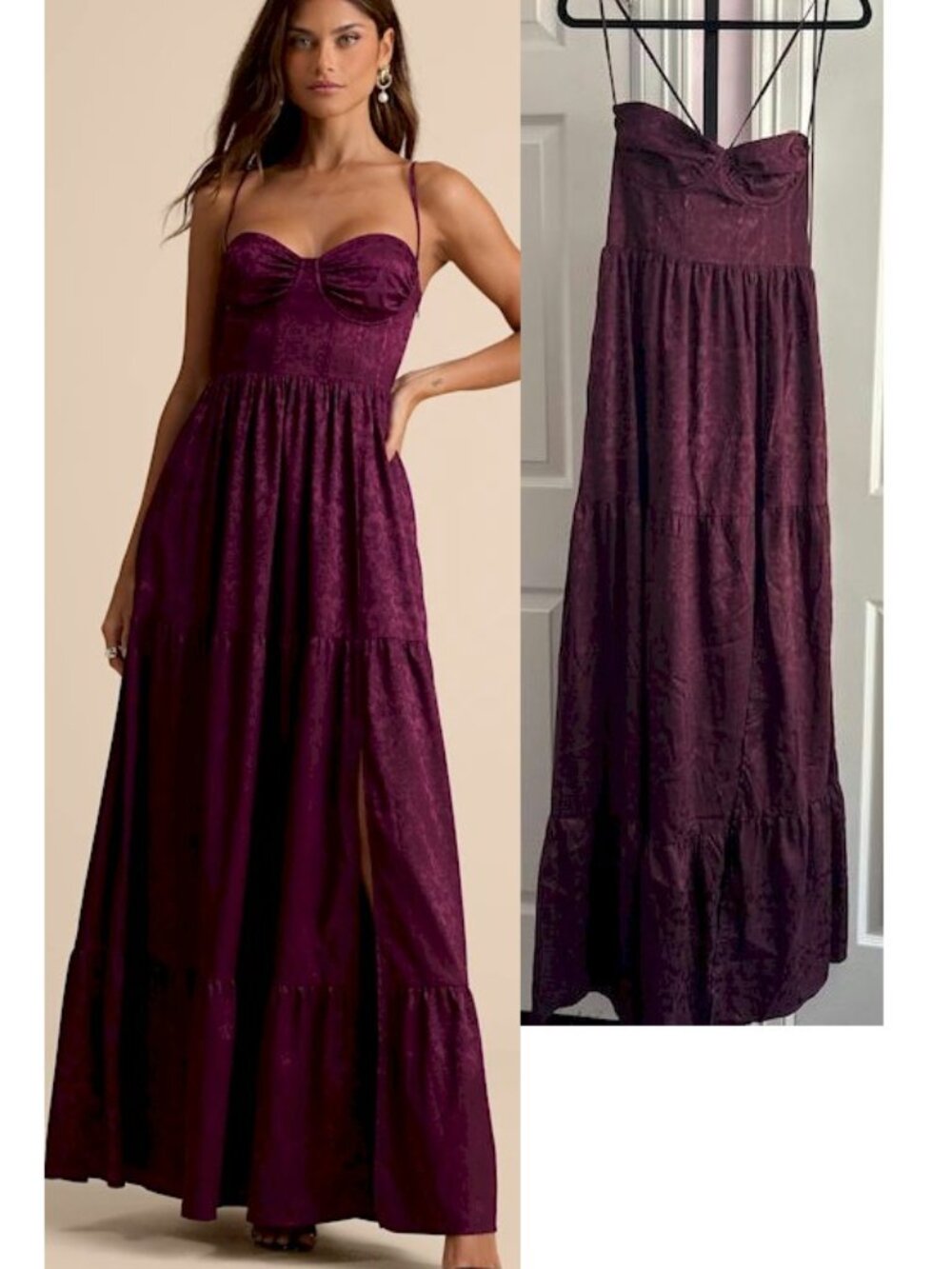 Lulus Vasilia Plum Satin Jacquard Tiered Corset Maxi Dress Medium New NWT
